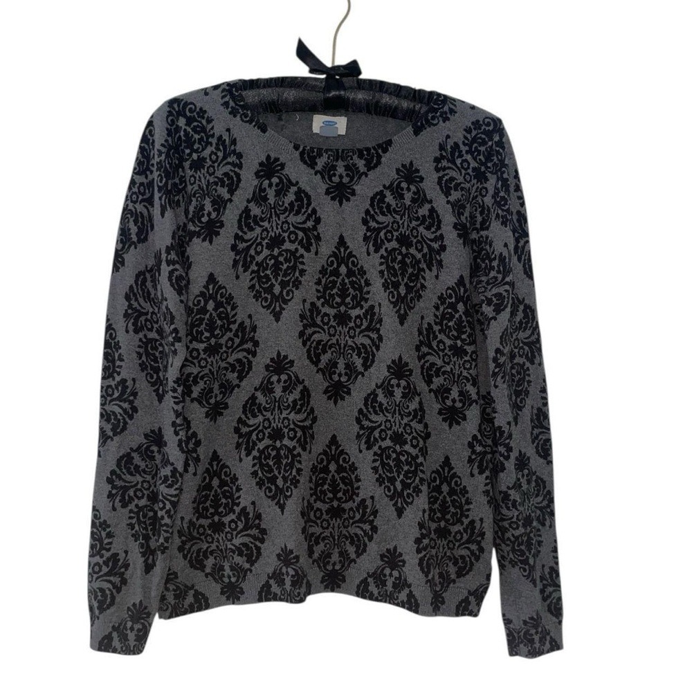 Gray Black Damask Print Cotton Crew Neck Sweater Size M Old Navy